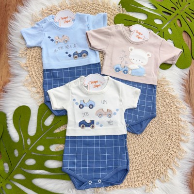 Kit 3 Peças - Bodys Manga Curta Um, Dois, Três e Já! - Azul Bebê, Areia e Off White